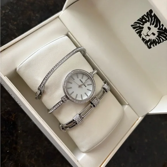 NEW ANNE KLEIN 3 PC SET SILVER WATCH+2 BANGLES New Battery! Womens Gift Set! Anne Klein Tow-Tone & Rose Gold Bracelet Watch Box Set, 33.5  main image 4